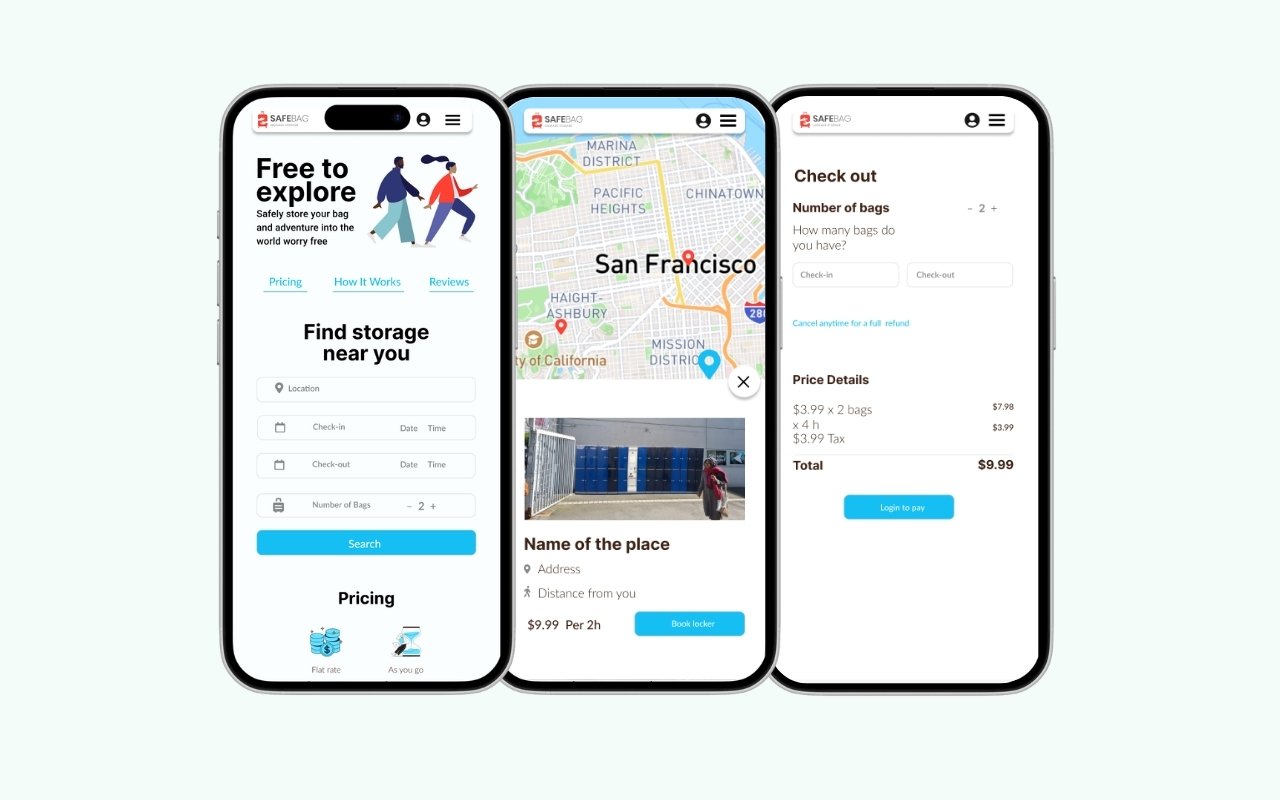 Three SafeBag app screens: search for storage near you, map view of a location in San Francisco, and checkout with price breakdown