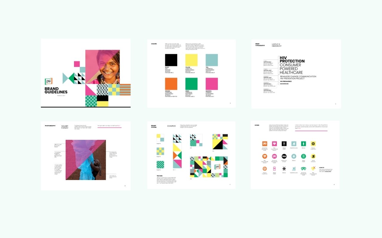 PSI brand guidelines: color, typography, photography, and brand system spreads