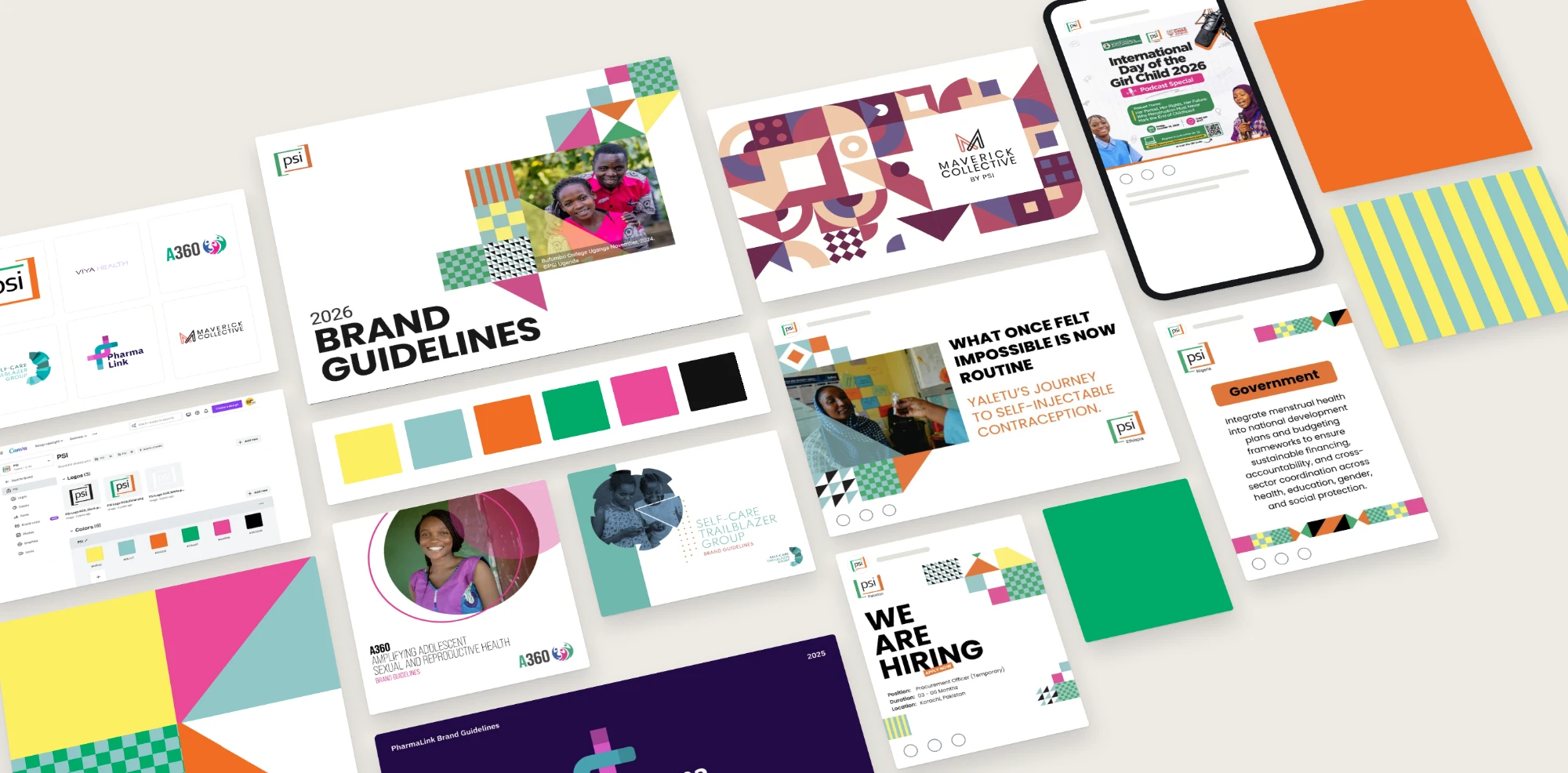 PSI brand system: the 2026 brand guidelines, program brand covers, the Canva brand kit, the color palette and social posts from country teams