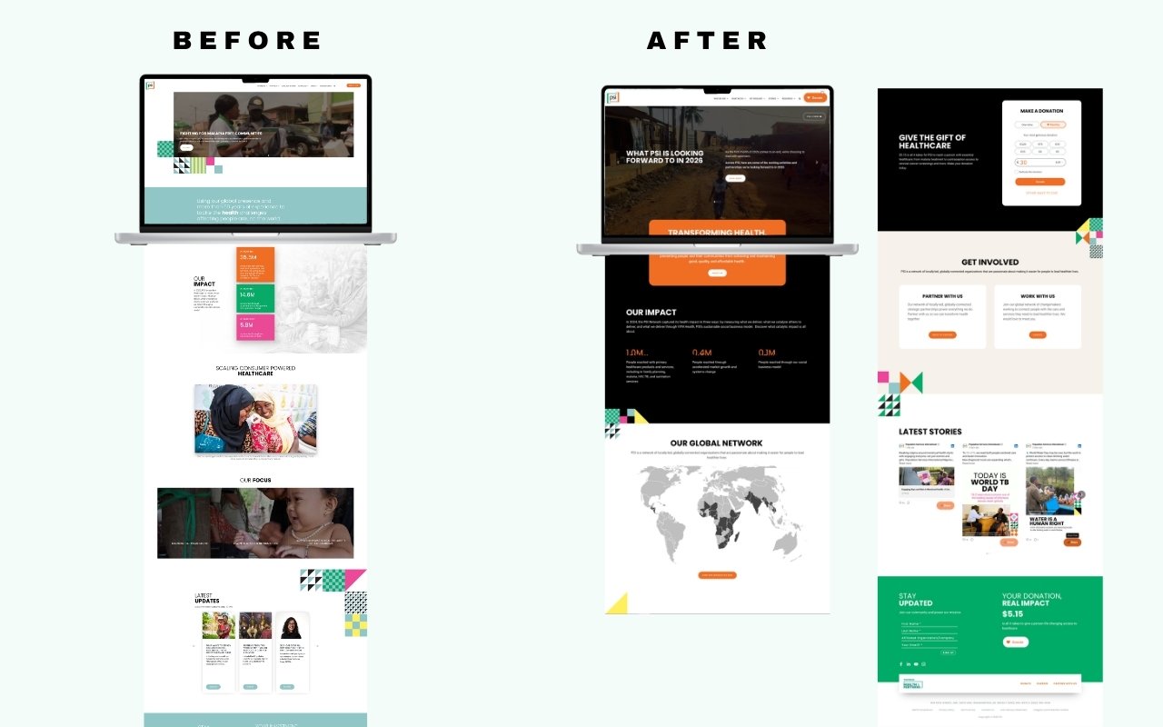 PSI homepage before and after the redesign