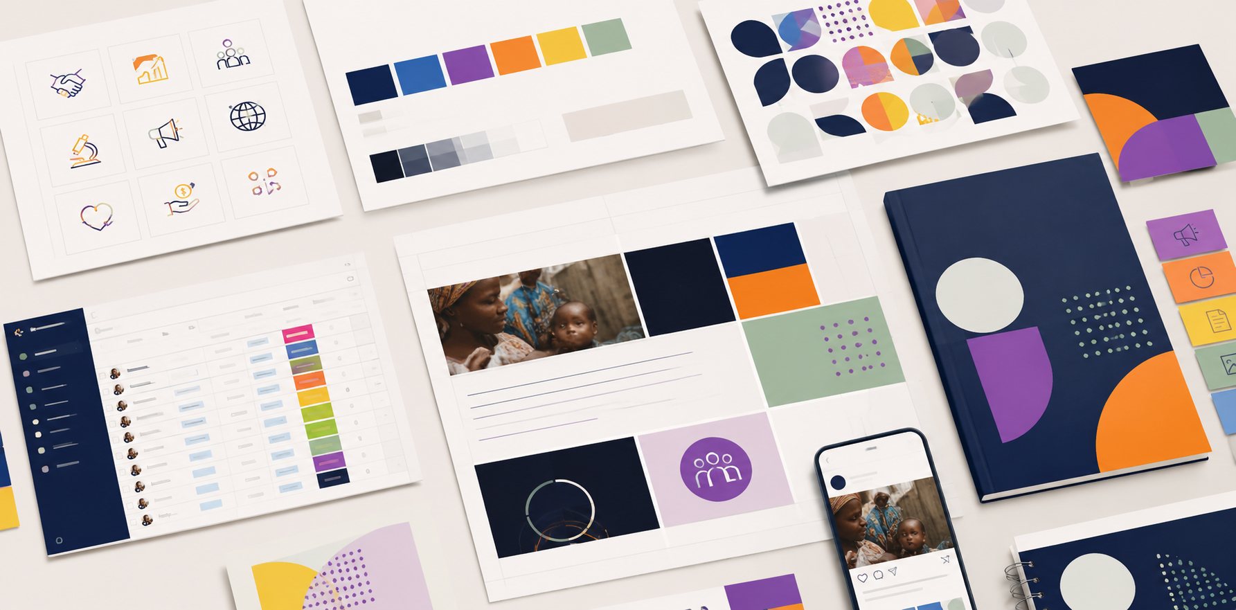 Brand system components: icon set, colour palettes, shape library, layout templates, printed report and social posts